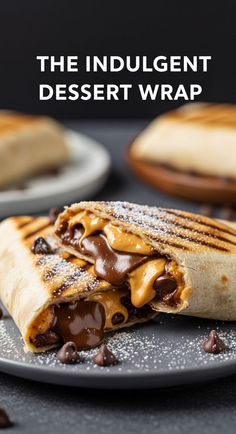Grilled dessert wrap with melted Nutella, peanut butter, chocolate chips, and powdered sugar