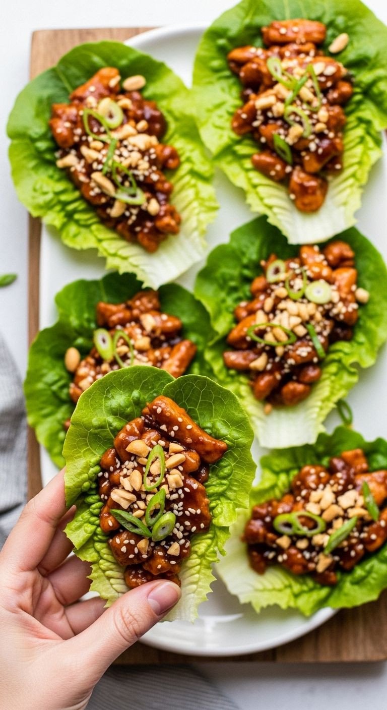 Asian chicken lettuce wraps garnished with peanuts and green onions on rustic board