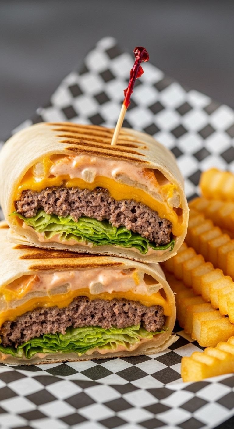 Grilled cheeseburger wrap with burger meat, melted cheese, lettuce, and crinkle-cut fries on checkered paper