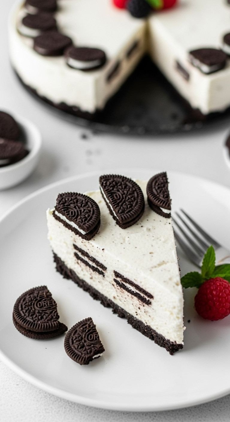 Top-down shot of a slice of No-Bake Oreo Cheesecake on a minimalist plate, with Oreo crumbles and a few fresh berries nearby.