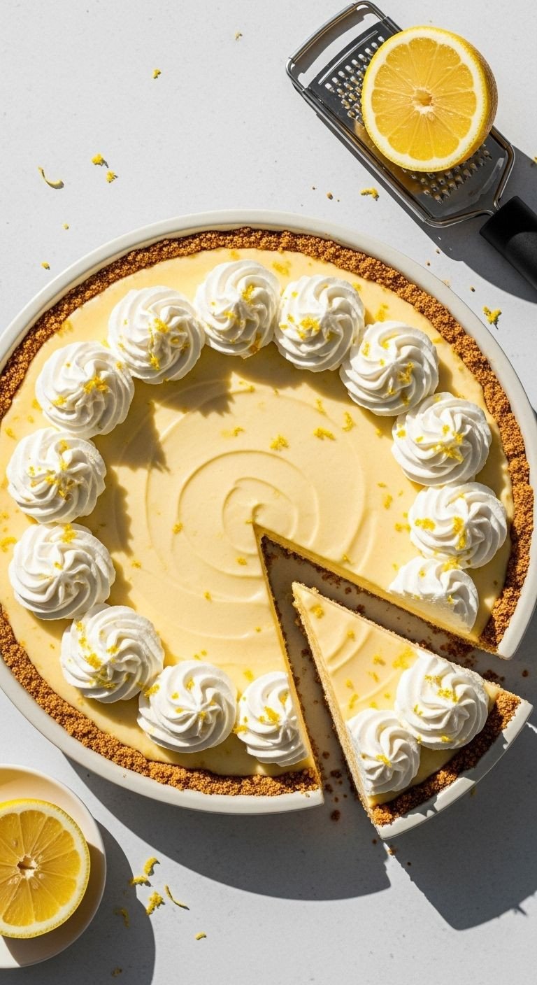 Overhead shot of a whole 3-Ingredient Lemon Icebox Pie topped with whipped cream and lemon zest, with a slice removed showing the smooth filling, and a lemon and zester nearby.