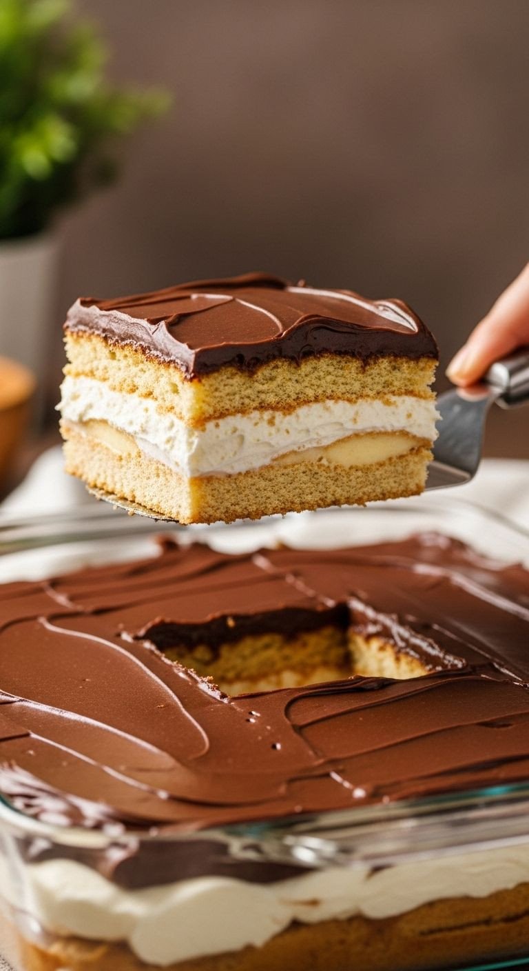 Spatula lifting a layered square of Chocolate Eclair Cake from a glass dish, showcasing graham cracker, creamy pudding layers, and glossy chocolate frosting.