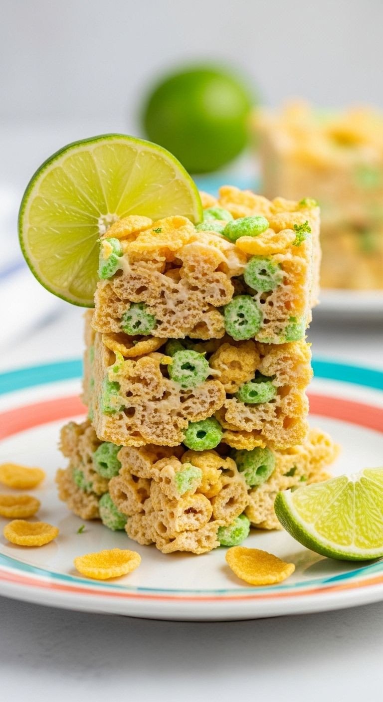 Stack of three No-Bake Key Lime Pie Cereal Treats on a colorful plate, with lime zest, a slice of key lime, and scattered cornflakes.