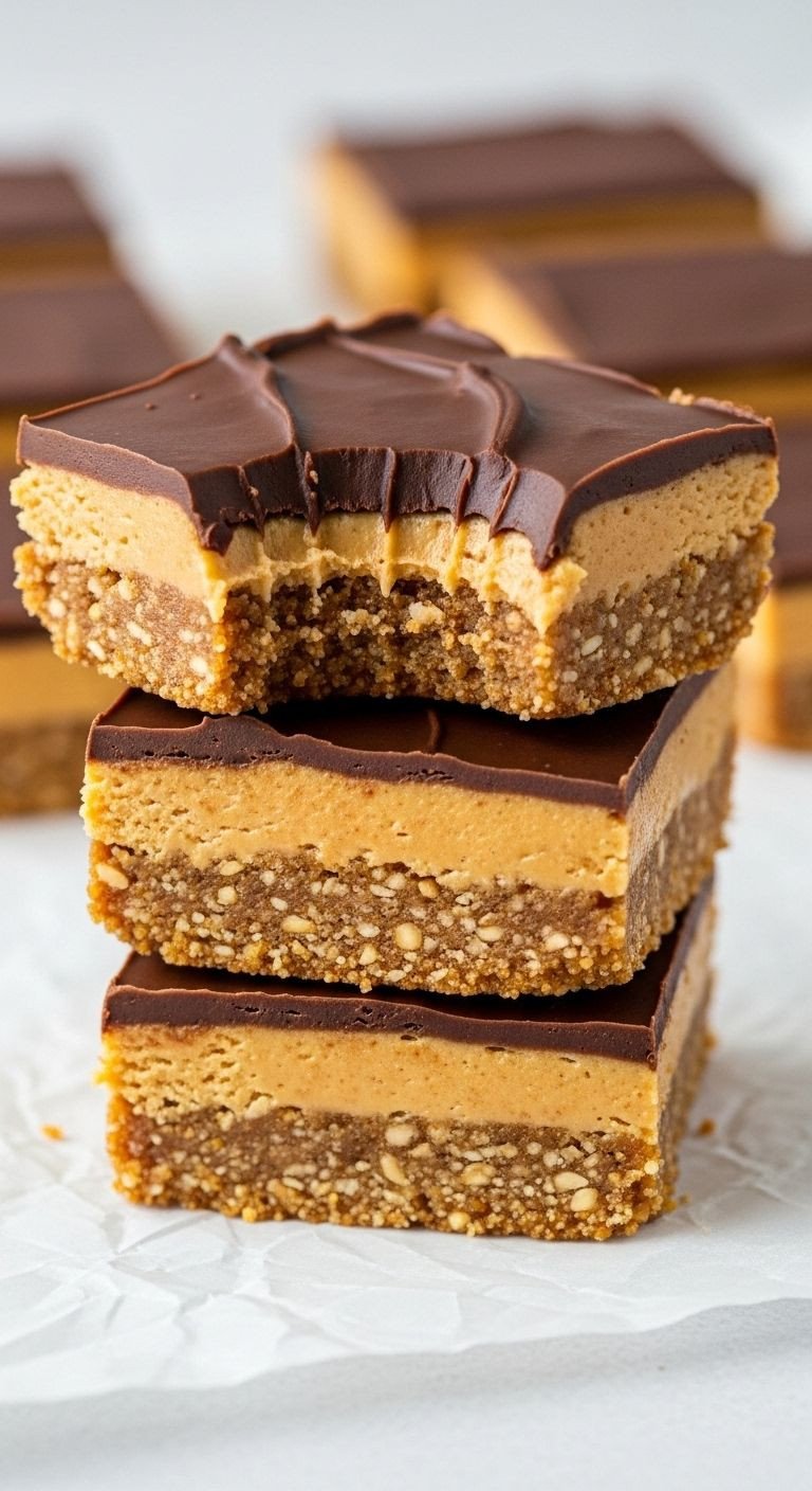 Stack of three No-Bake Peanut Butter Bars on parchment paper, with one bar showing a bite taken out, revealing the dense base and chocolate-peanut butter topping.