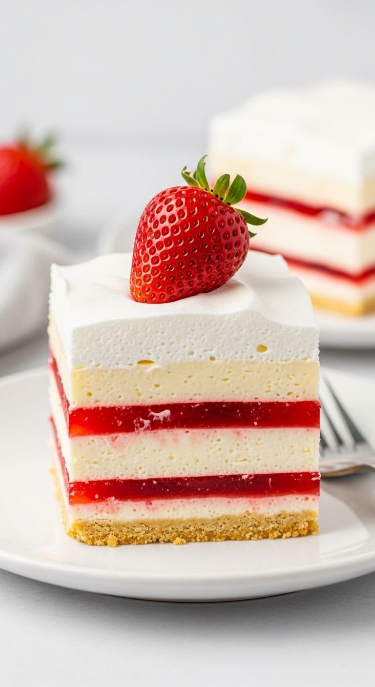 Close-up of a perfectly cut square of No-Bake Strawberry Cheesecake Lasagna on a white plate, showcasing its distinct layers of crust, cheesecake, strawberry gelatin, and whipped topping.