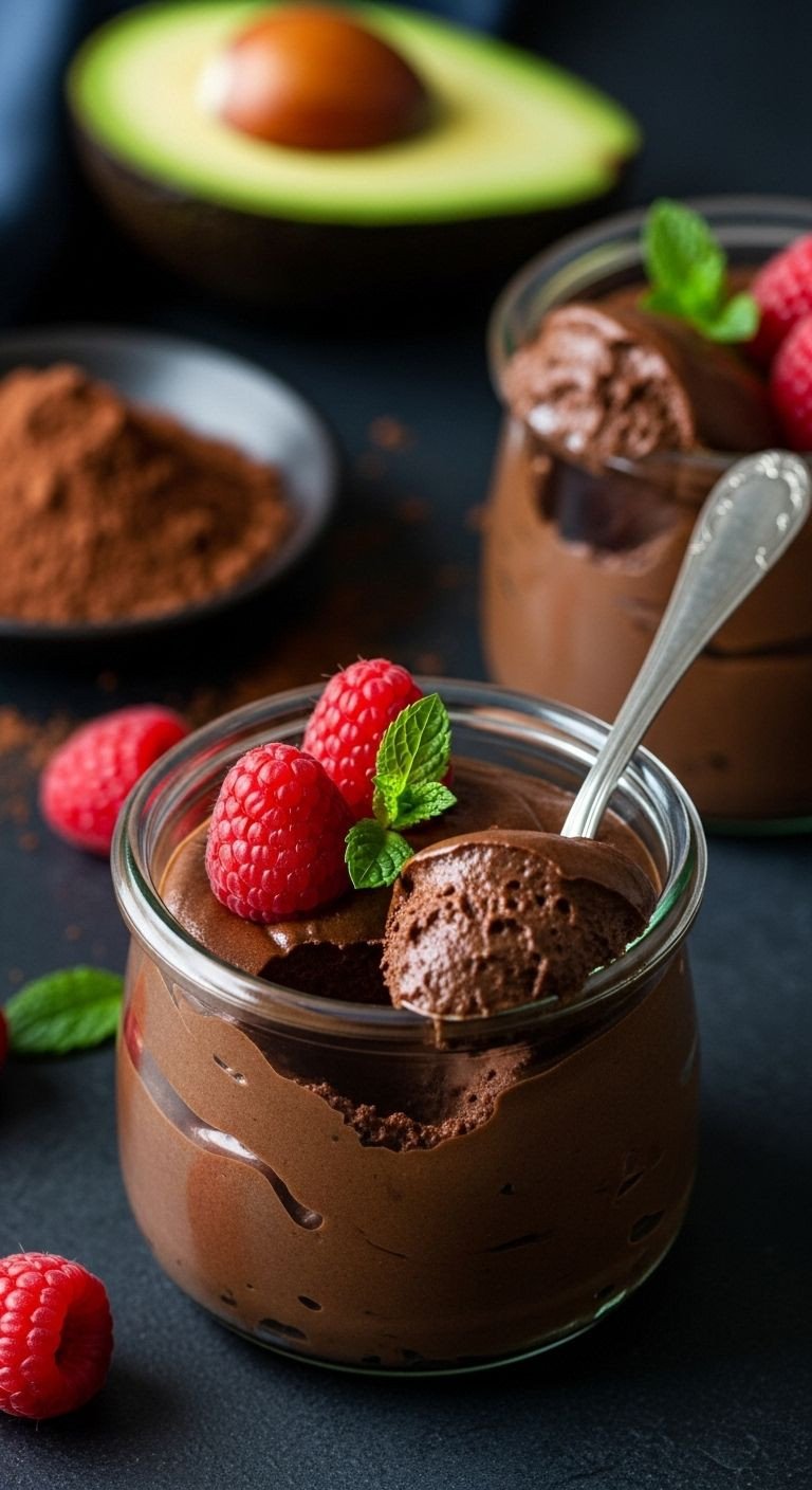 Two glass pots of chocolate avocado mousse garnished with raspberries and a mint leaf, with a scoop revealing its velvety texture, and an avocado and cocoa powder in the background.