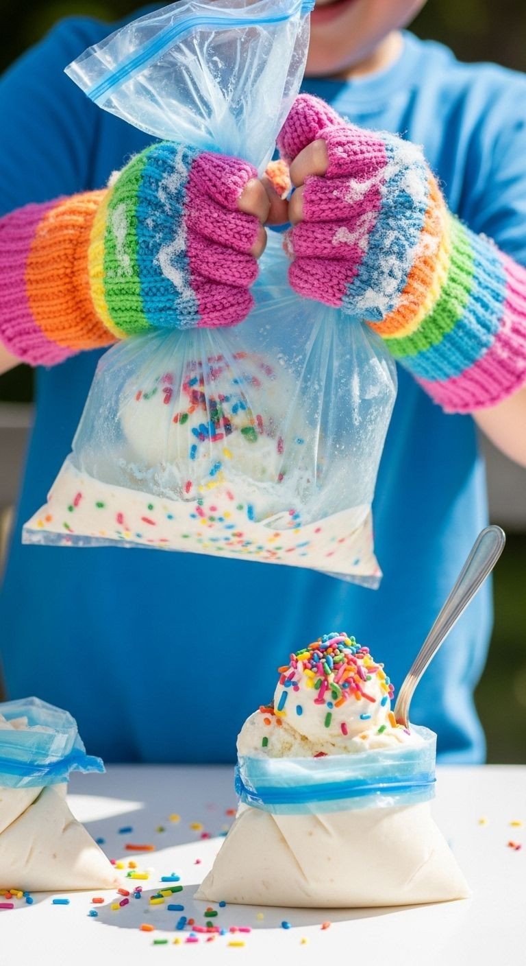 Child's hands shaking a frosty plastic bag with a smaller bag of ice cream inside, with another bag of finished vanilla ice cream topped with colorful sprinkles and a spoon nearby.