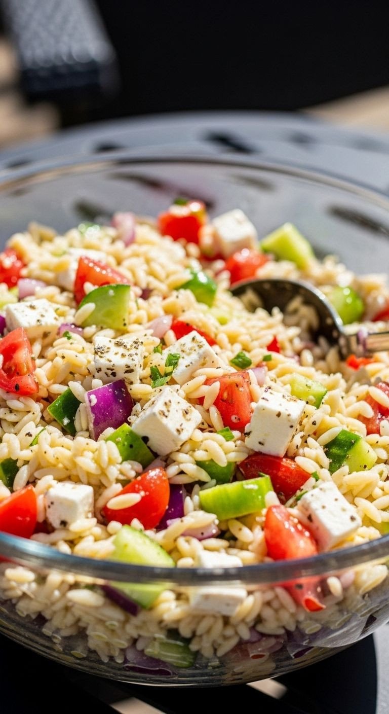 Greek Orzo Salad with feta, tomato, and cucumber