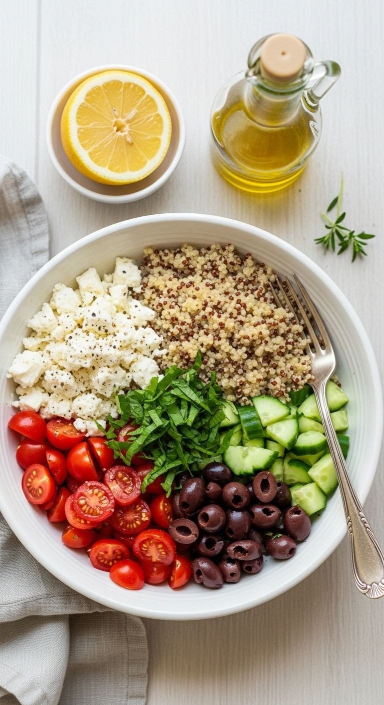 Mediterranean quinoa power bowl with feta, tomatoes, cucumber, olives, and lemon