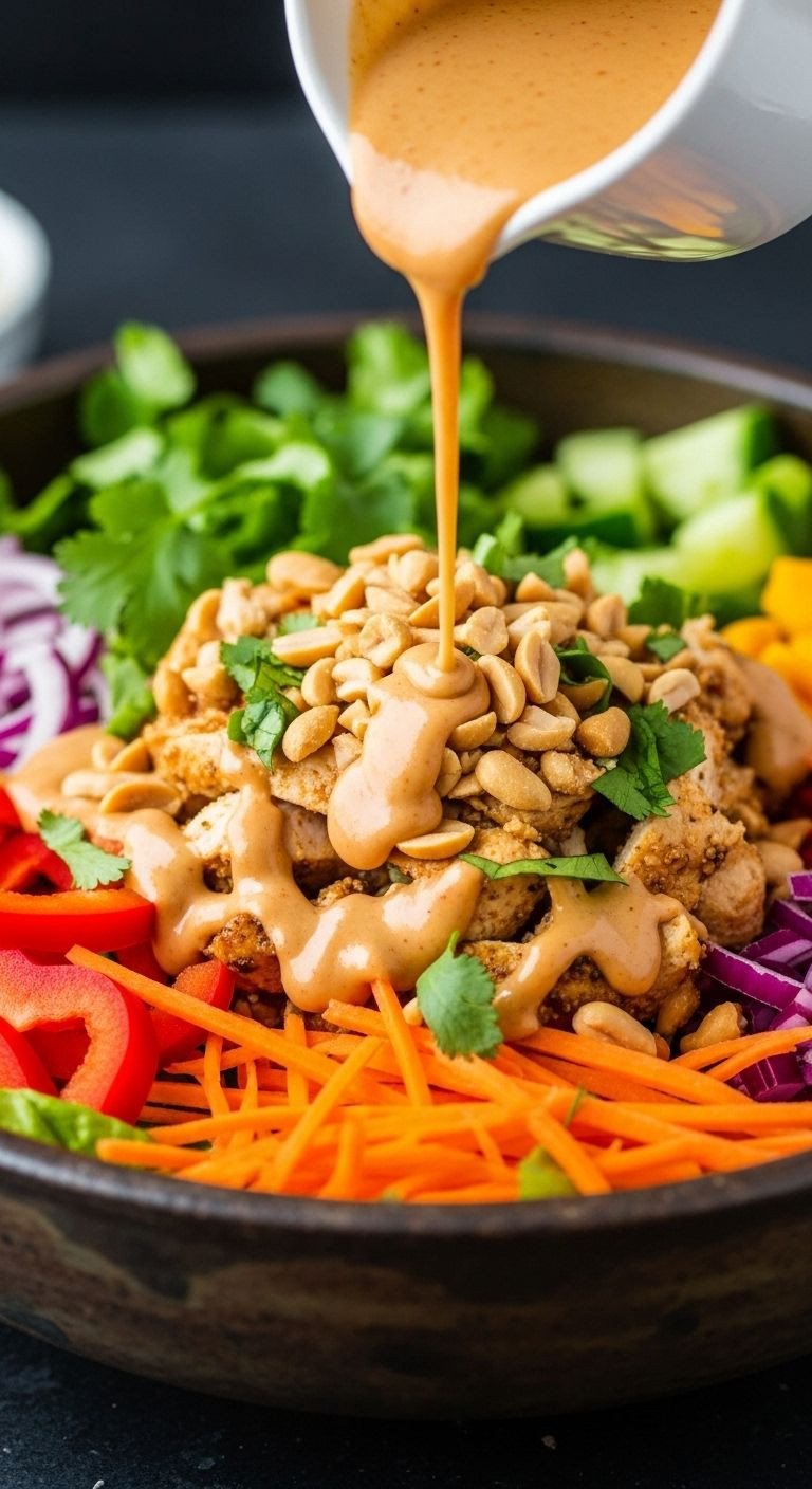 Spicy peanut dressing being drizzled over Thai chicken salad with colorful veggies and chopped peanuts
