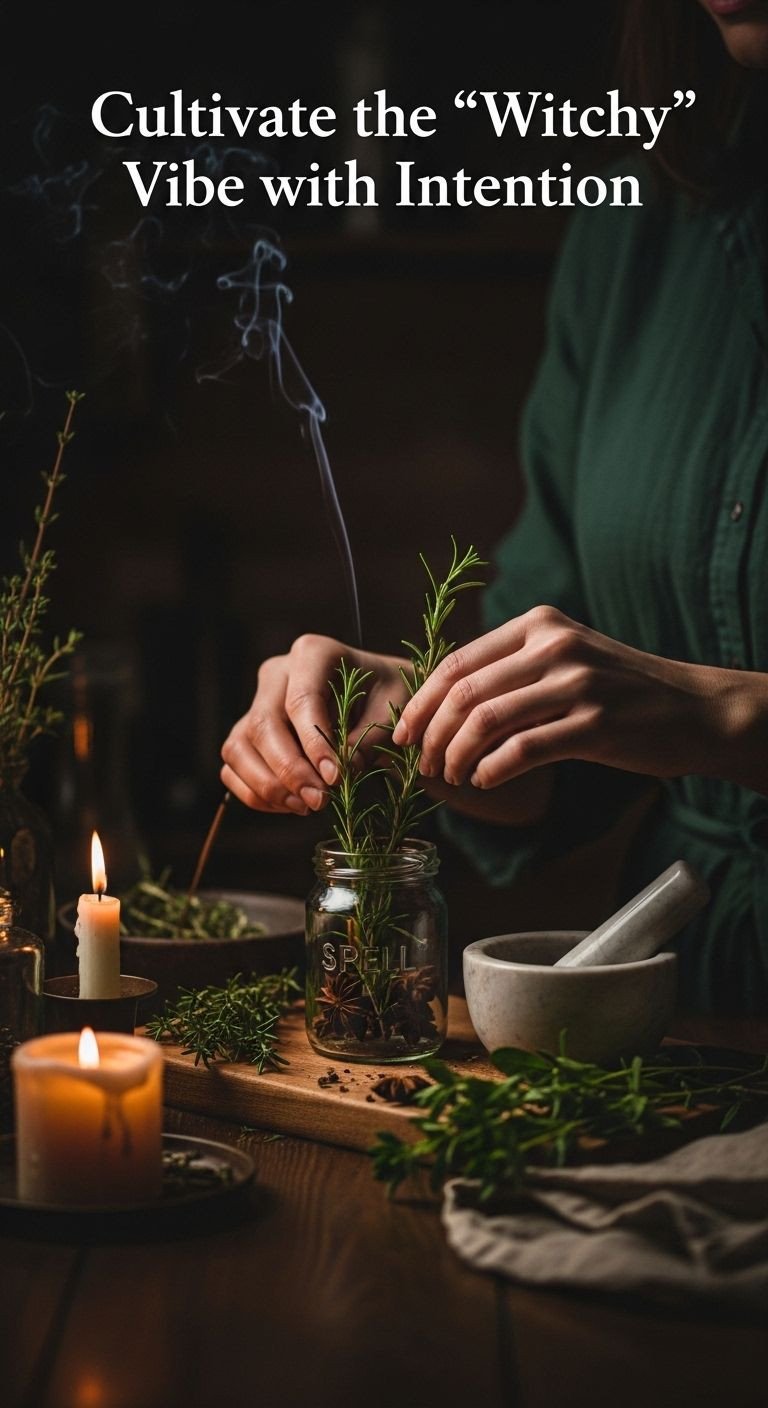 9 Secrets For The Perfect Apothecary Aesthetic Kitchen 6 Hands arranging herbs into a glass spell jar with incense smoke, a mortar and pestle, and candlelight glow on a dark wood countertop.