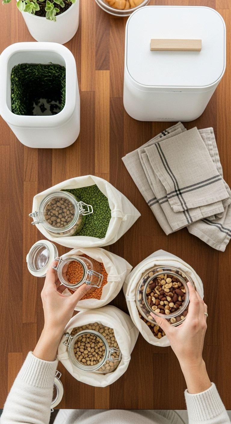 9 Secrets For The Perfect Apothecary Aesthetic Kitchen 7 Hands filling glass jars with bulk lentils, oats, and nuts, alongside a compost bin and linen towels on a wooden kitchen counter.
