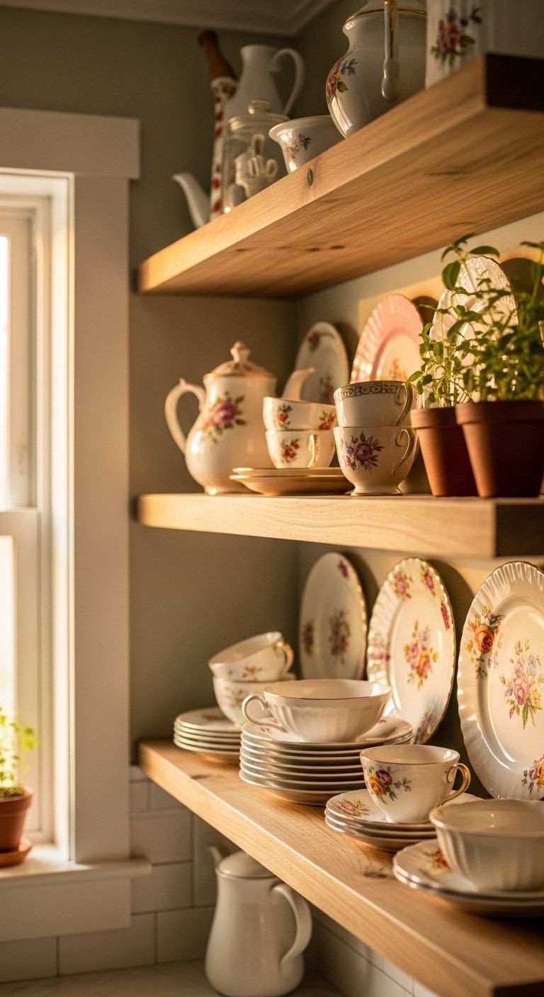 Rustic open shelves with mismatched vintage floral china, teacups, and potted herbs in terracotta pots, lit by soft natural light.