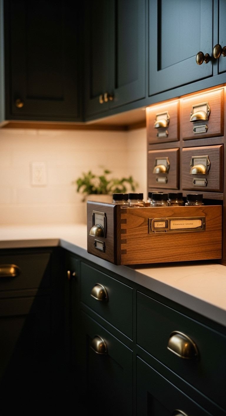 9 Secrets For The Perfect Apothecary Aesthetic Kitchen 1 Close-up of dark green Shaker-style kitchen cabinets with vintage brass hardware and apothecary drawers, showcasing wood grain and patina details.