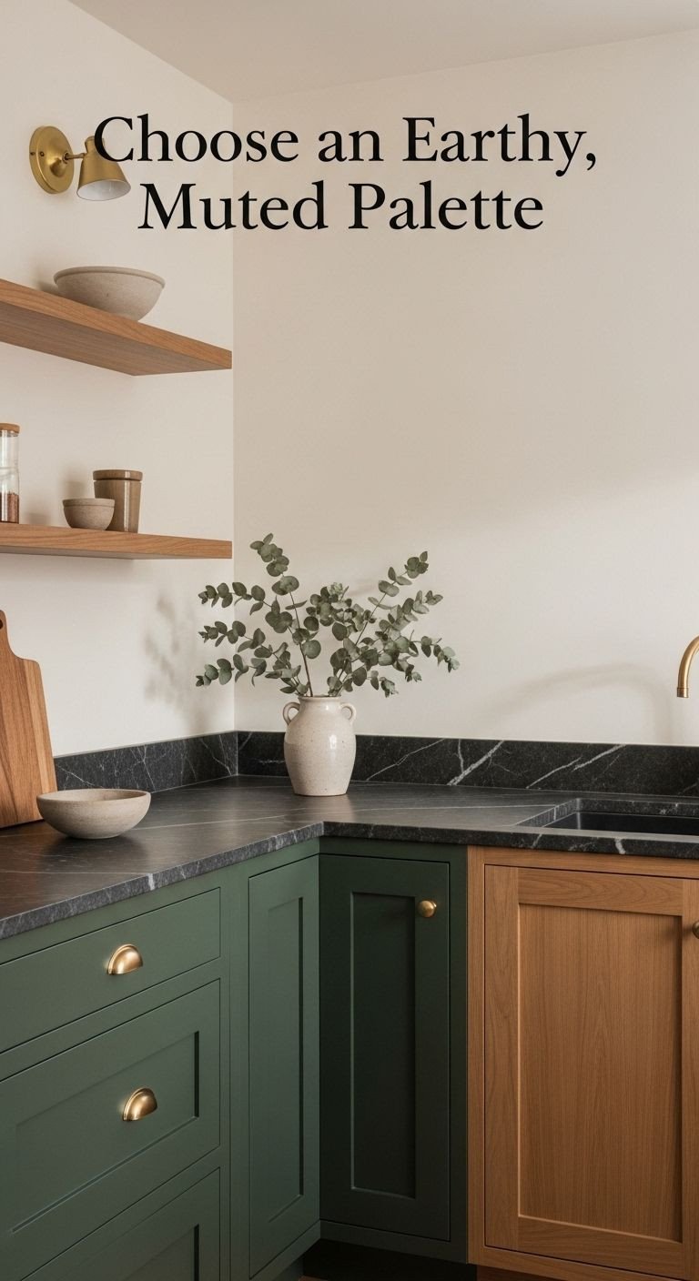 9 Secrets For The Perfect Apothecary Aesthetic Kitchen 3 Apothecary kitchen corner with deep forest green cabinets, soapstone countertops, dried eucalyptus vase, and creamy white walls.
