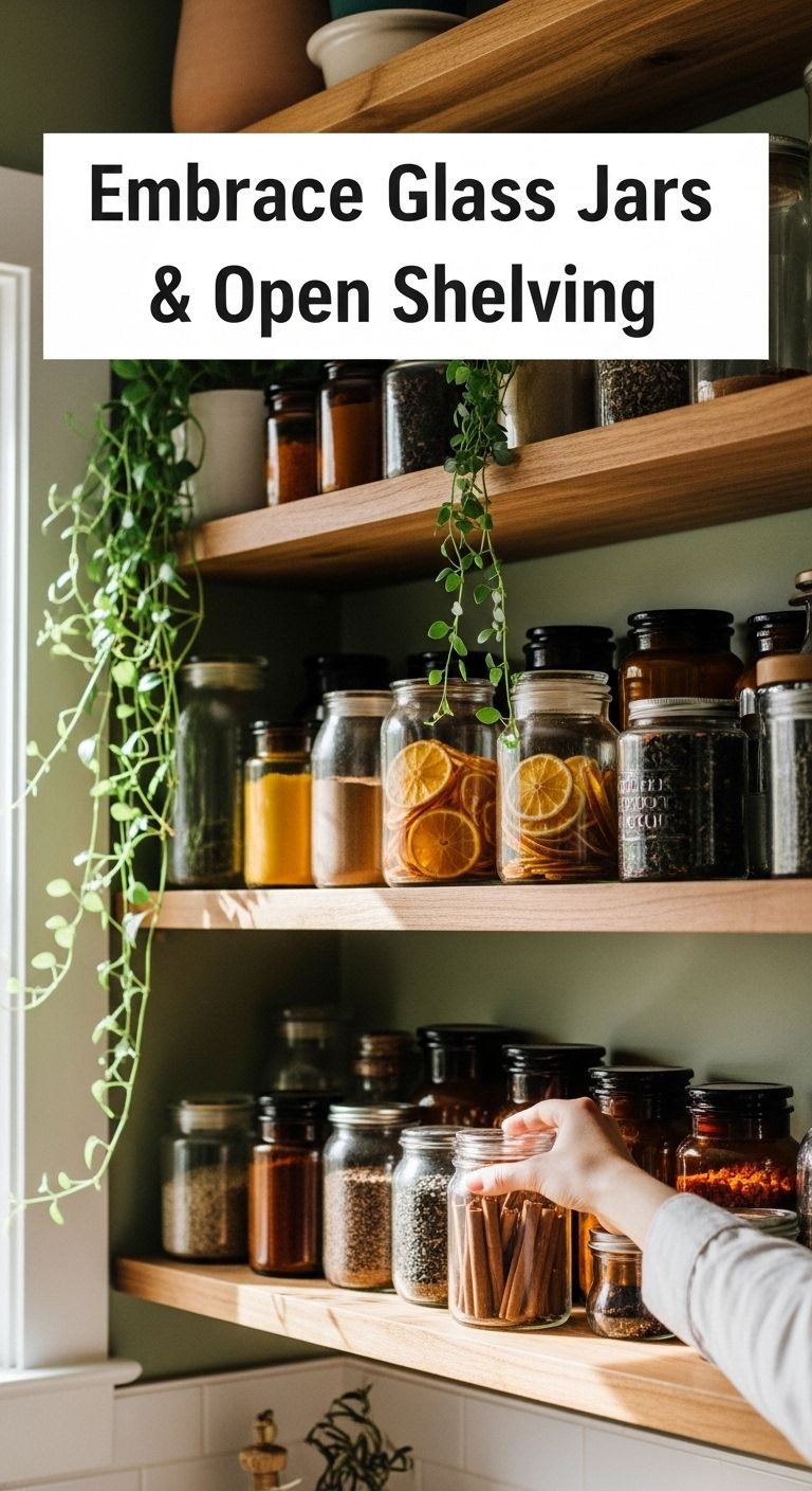 9 Secrets For The Perfect Apothecary Aesthetic Kitchen 2 Rustic wooden open shelves filled with amber and clear glass apothecary jars, spices, dried oranges, tea, and trailing plants.
