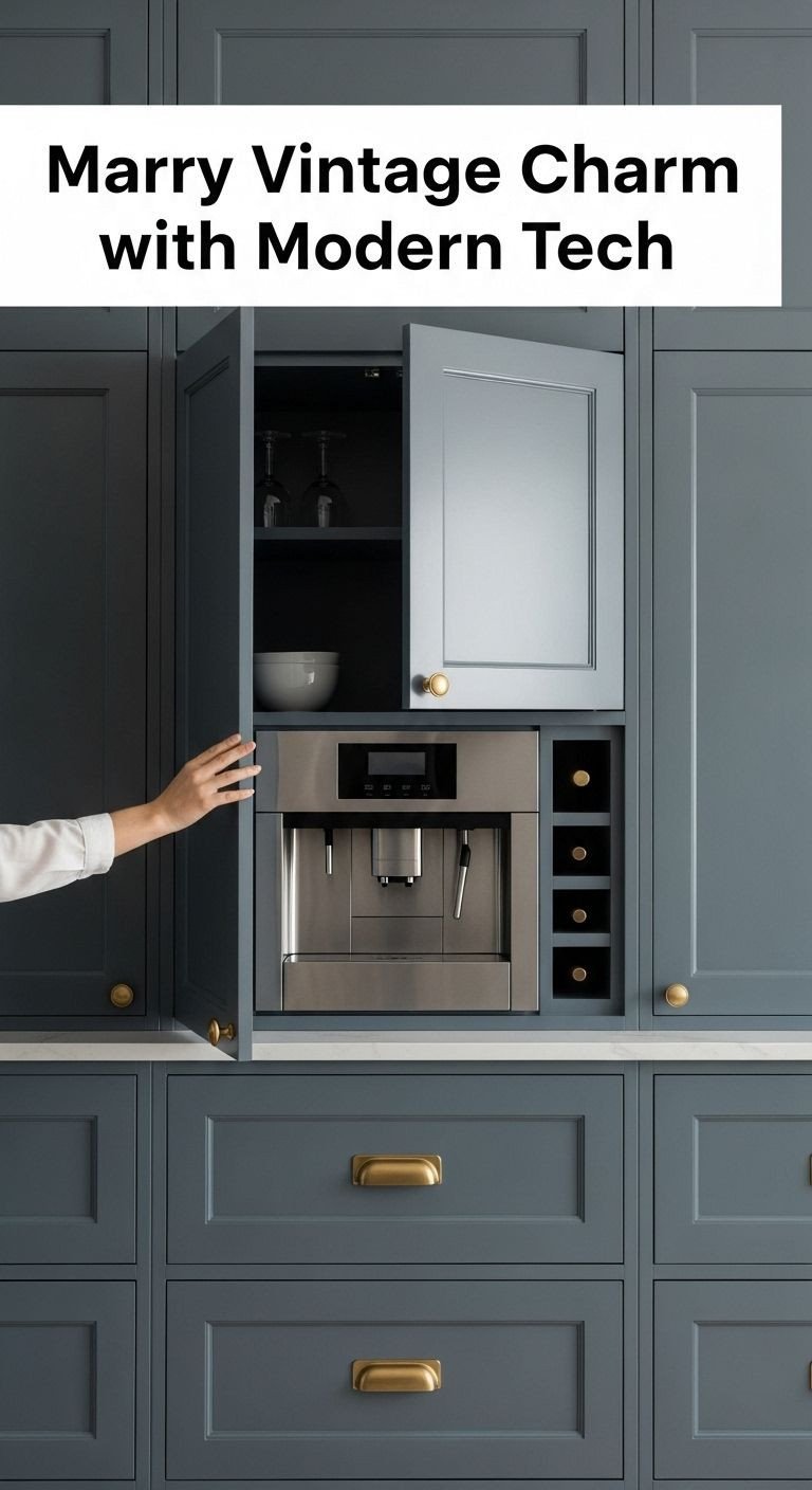 9 Secrets For The Perfect Apothecary Aesthetic Kitchen 8 Dark blue apothecary-style cabinets with brass hardware, revealing a high-tech stainless steel coffee machine inside.