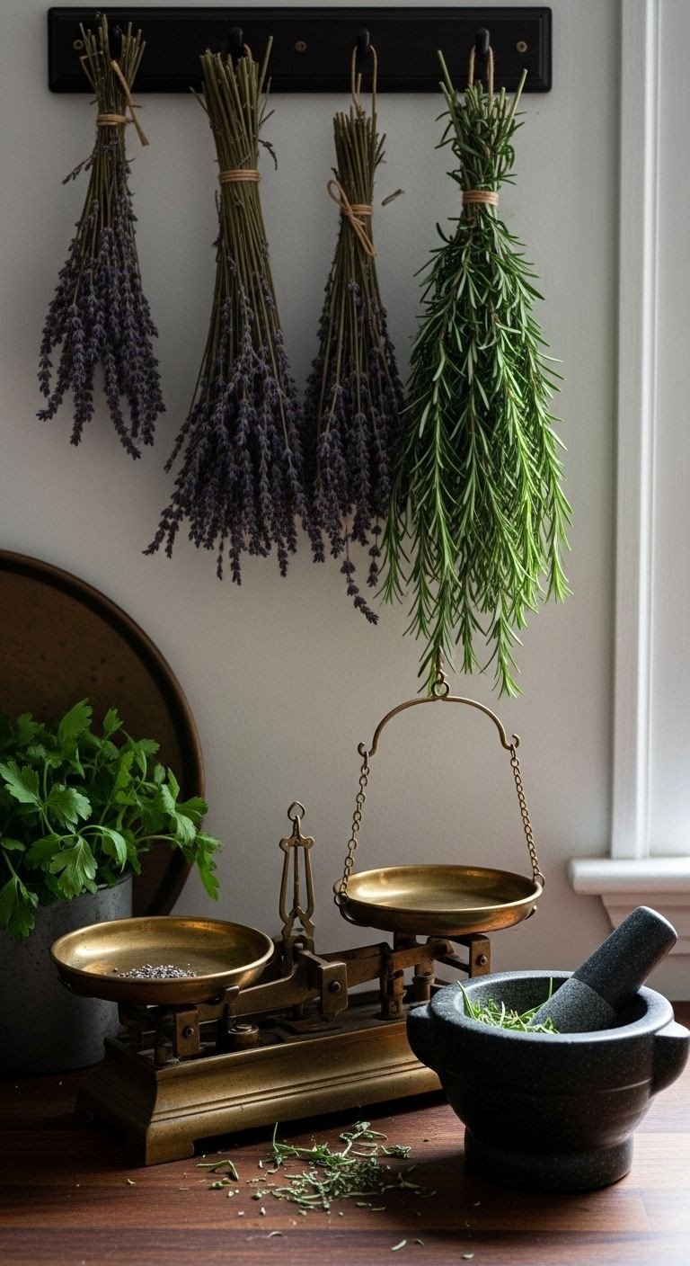 9 Secrets For The Perfect Apothecary Aesthetic Kitchen 5 Vintage brass balance scale, dark stone mortar and pestle, and dried herbs on a dark wood countertop with aged metallic accents.