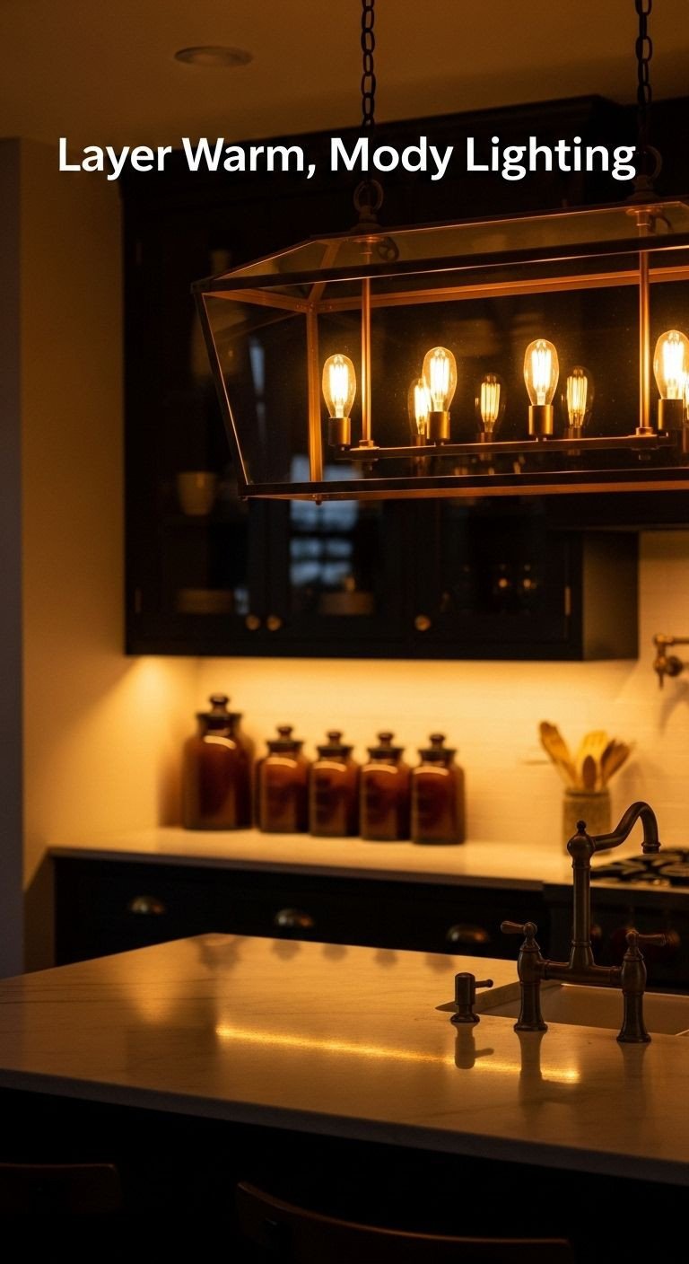 9 Secrets For The Perfect Apothecary Aesthetic Kitchen 4 Apothecary kitchen island at dusk with vintage brass chandelier, Edison bulbs, warm lighting, and amber glass jars.