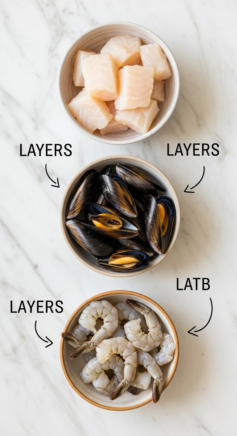 Flat lay of three small bowls on a marble countertop showing raw cod, fresh mussels, and raw shrimp arranged in order to illustrate seafood layering for soup, captured in bright, clean natural light.