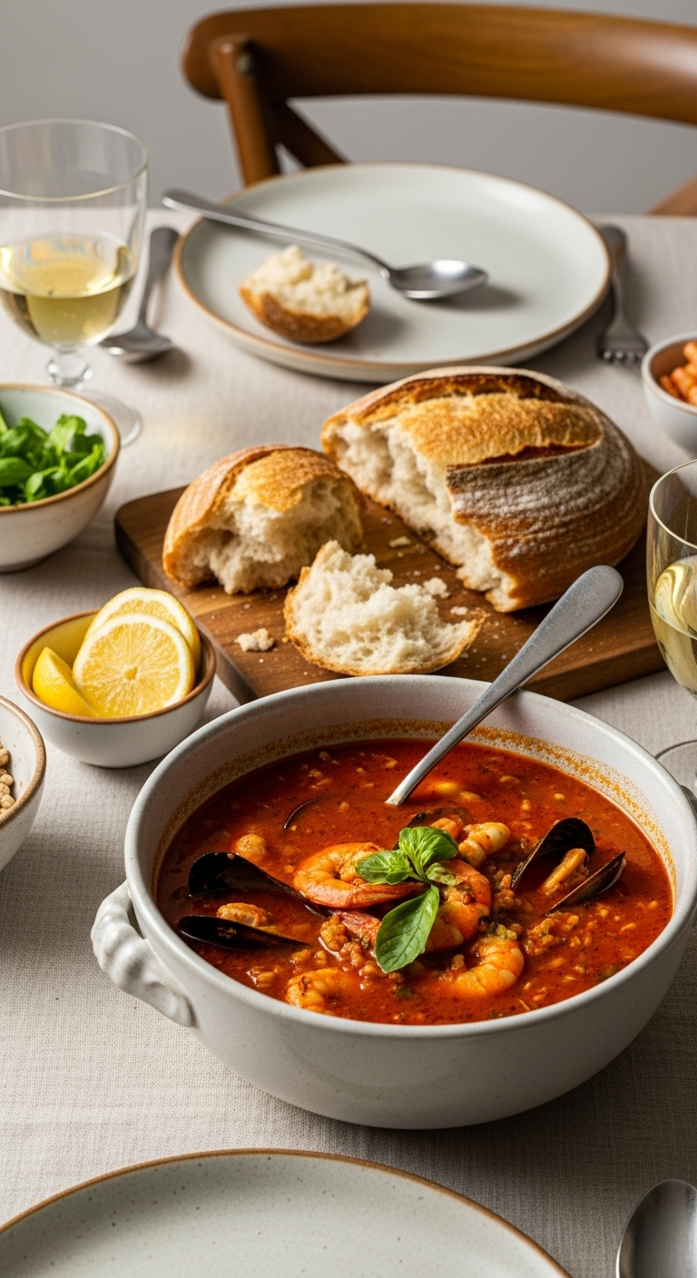 Warm, inviting tablescape featuring a large bowl of rustic seafood soup, crusty sourdough bread on a wooden board, a bowl of lemon wedges, and a glass of white wine, set in earthy tones with vibrant red broth as the focal point.