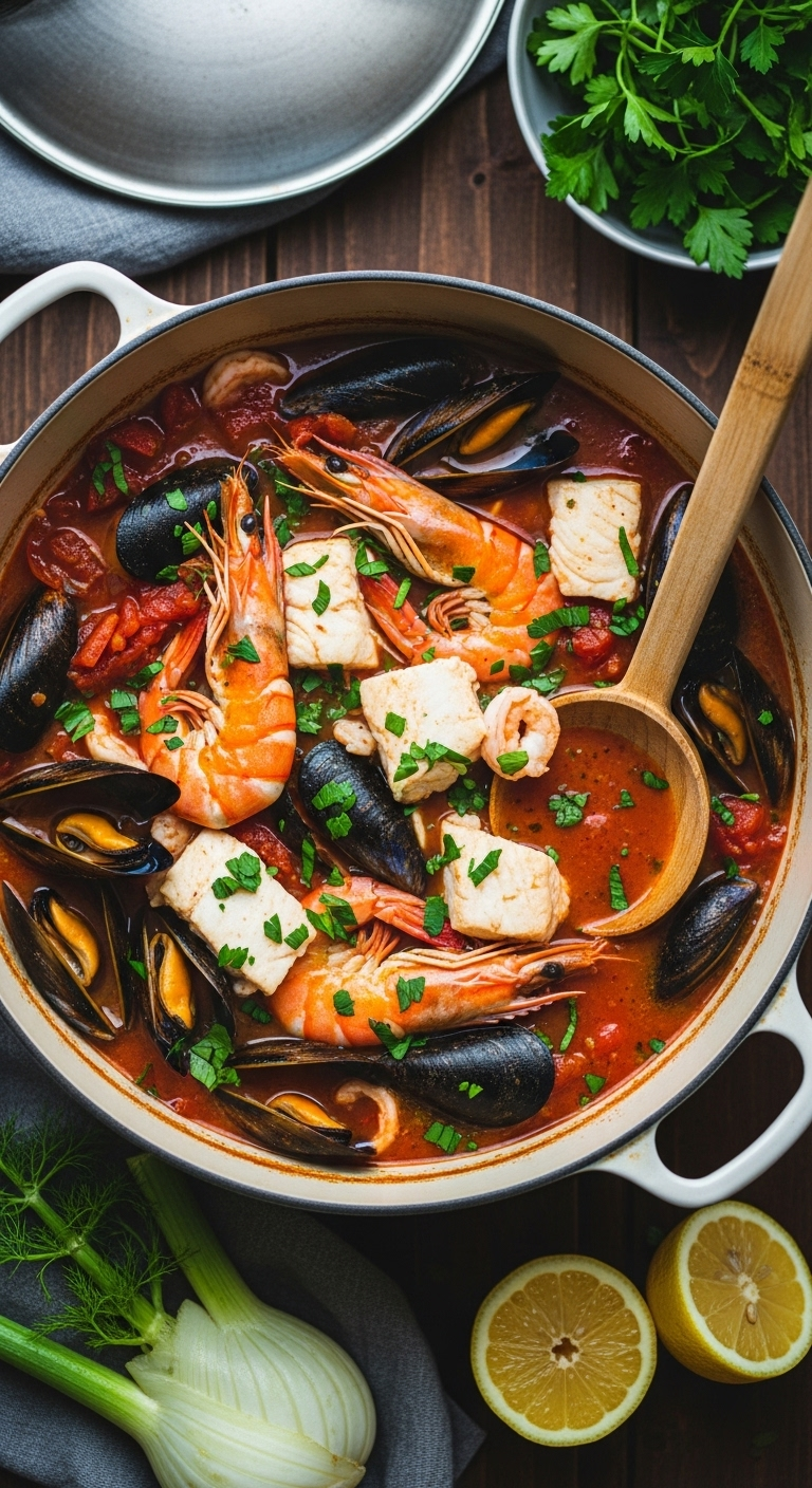 Top-down view of a rustic Dutch oven filled with vibrant red seafood soup featuring mussels, shrimp, and white fish, garnished with parsley, with a wooden ladle resting inside on a dark wood surface alongside fennel and lemon wedges.