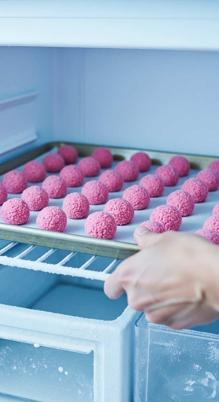 Freezer action shot of pink cake balls on a baking sheet being placed inside by hand, surrounded by frosty freezer walls, illustrating the chilling step for Starbucks copycat birthday cake pops