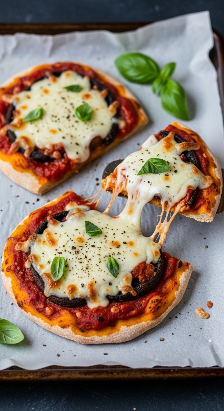 Portobello Pizzas with melted cheese, marinara sauce, and fresh basil, captured in warm, rustic lighting with a satisfying cheese pull and a parchment-lined baking sheet.