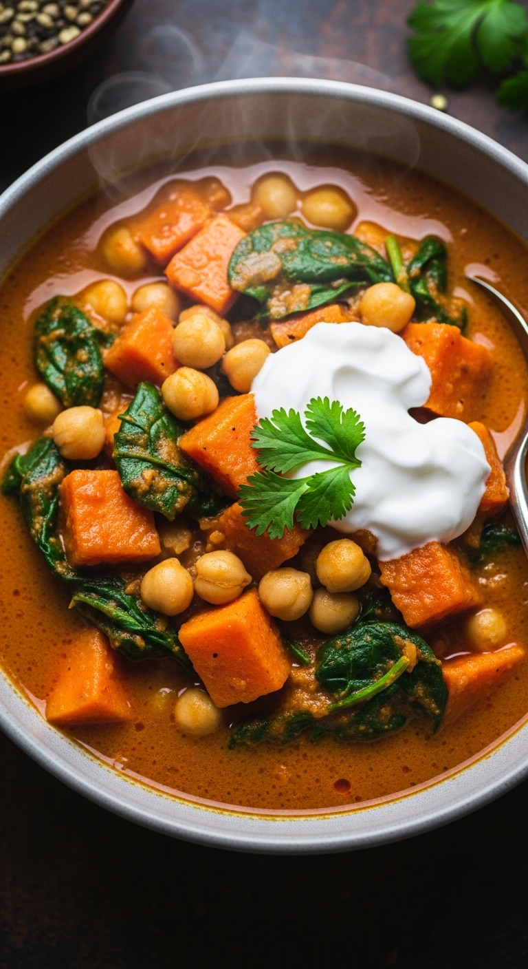 Coconut Chickpea & Sweet Potato Curry with creamy coconut yogurt and cilantro, served in a steaming bowl with deep orange curry sauce and dark green spinach, captured in rich, dramatic lighting.