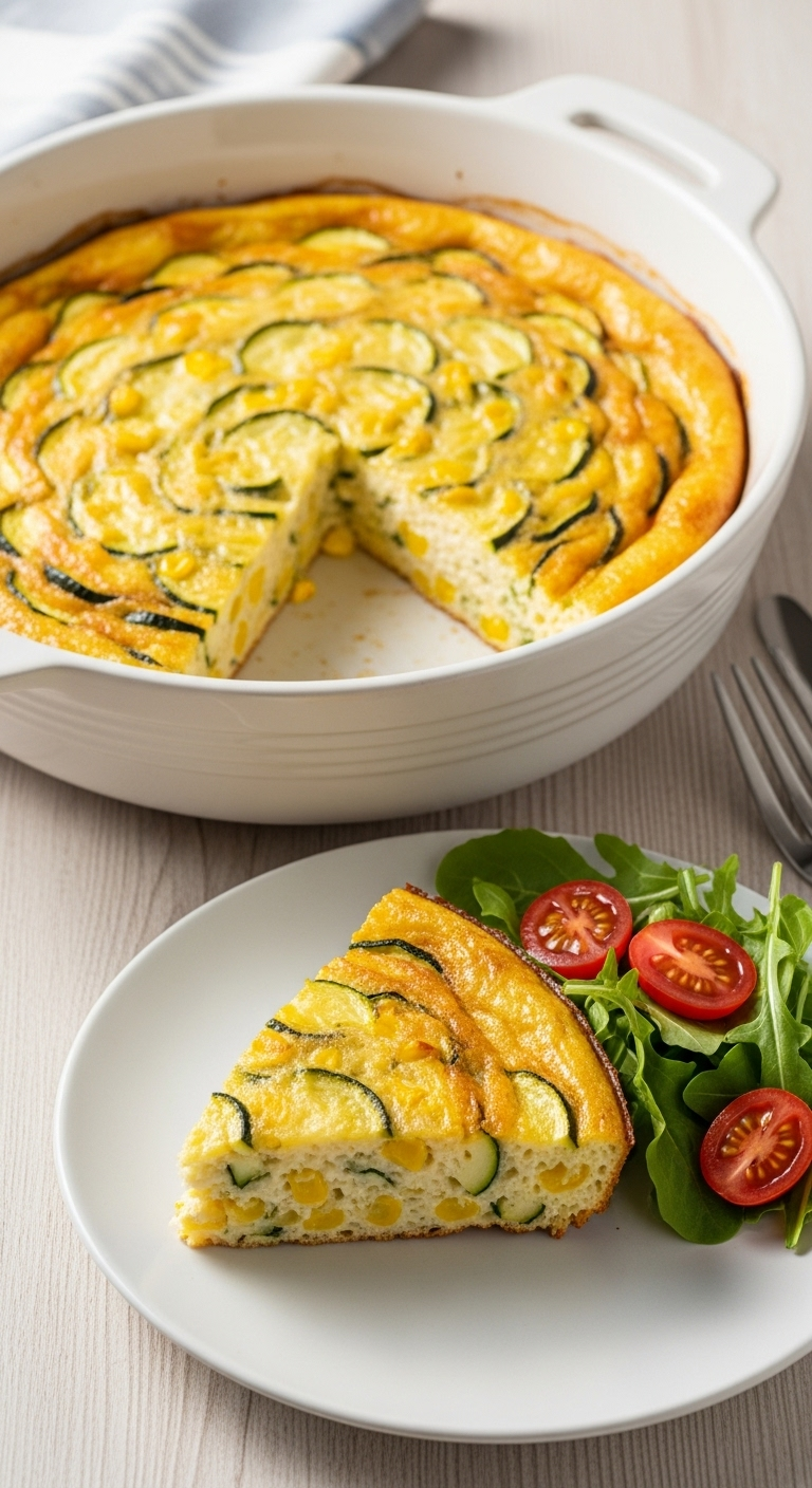 Zucchini, Corn & Egg Casserole with a golden brown top, served with a slice on a plate next to a side salad with cherry tomatoes, captured in bright, sunny lighting on a light wooden table.
