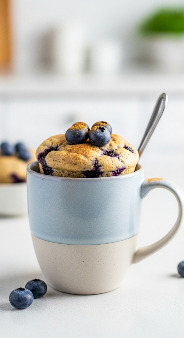 Grain-Free Blueberry Mug Muffin with fresh blueberries and a dusting of cinnamon, served in a stylish ceramic mug, captured in soft morning light on a clean kitchen counter.