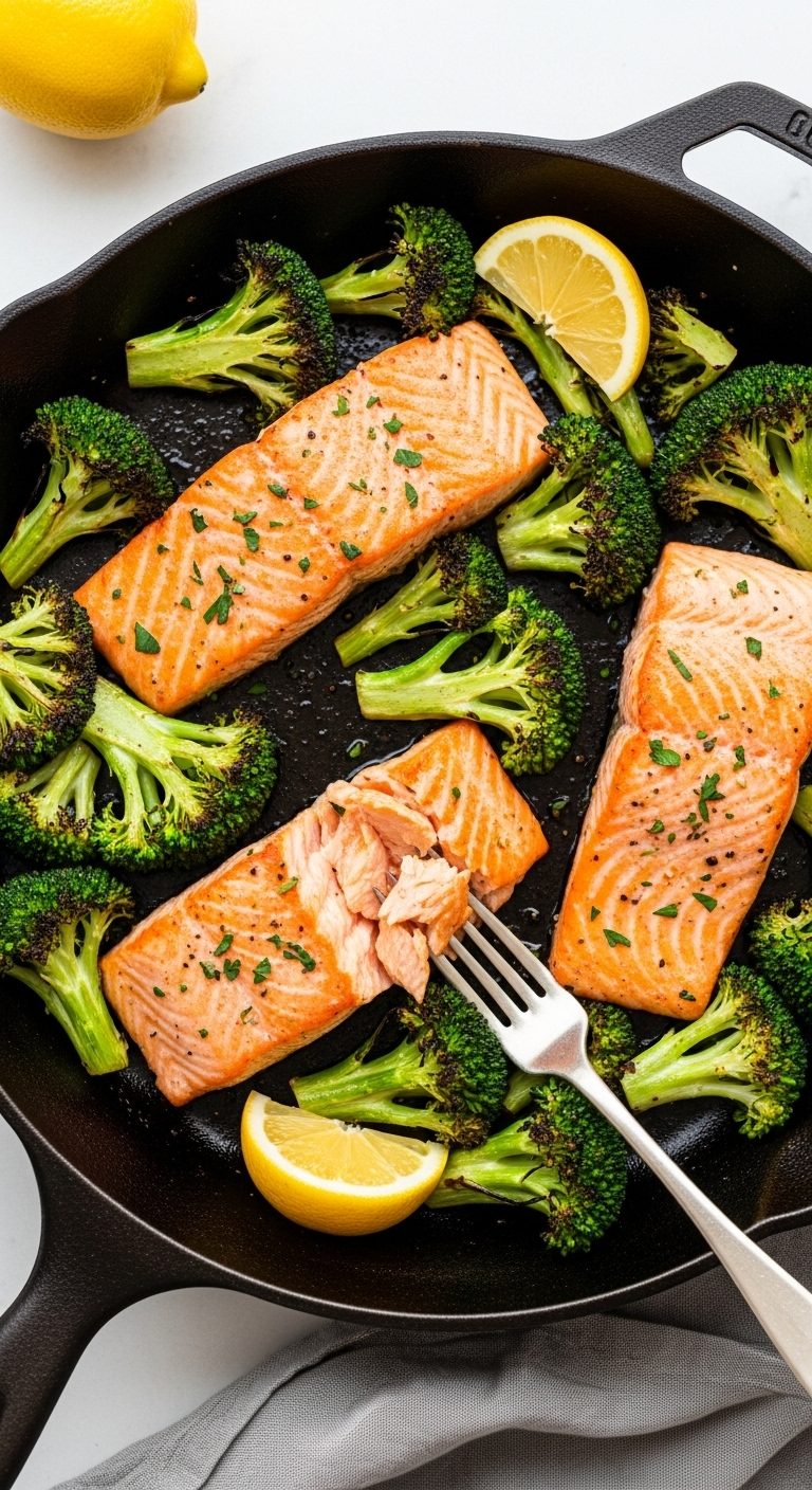 One-Skillet Garlicky Salmon & Broccoli with lemon wedges, captured in vibrant, clean lighting, showing moist salmon and charred broccoli in a sizzling cast-iron skillet.