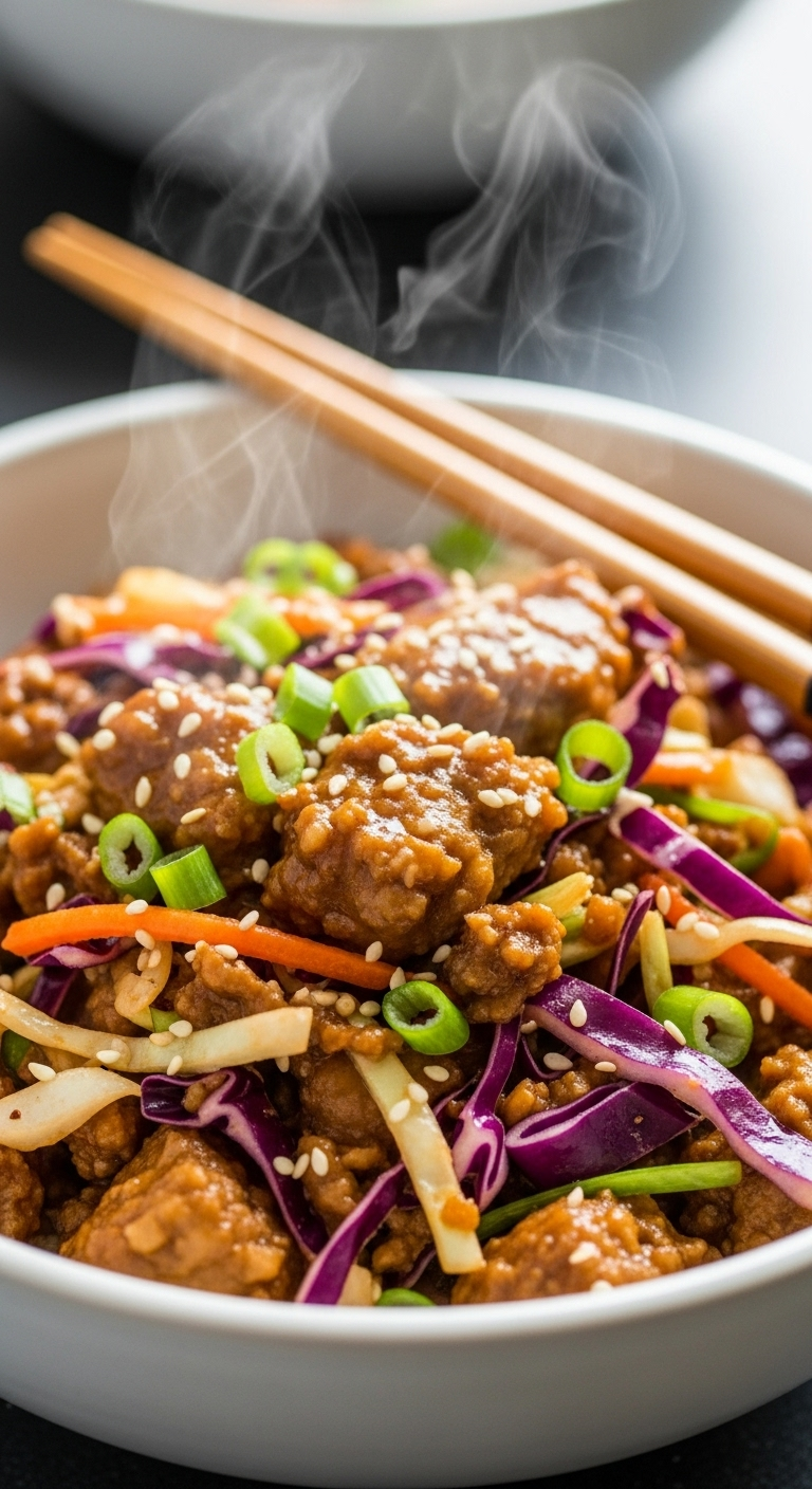 Egg Roll in a Bowl with savory meat, coleslaw mix, and green onions, served in a ceramic bowl with chopsticks and rising steam, captured in warm, inviting lighting.