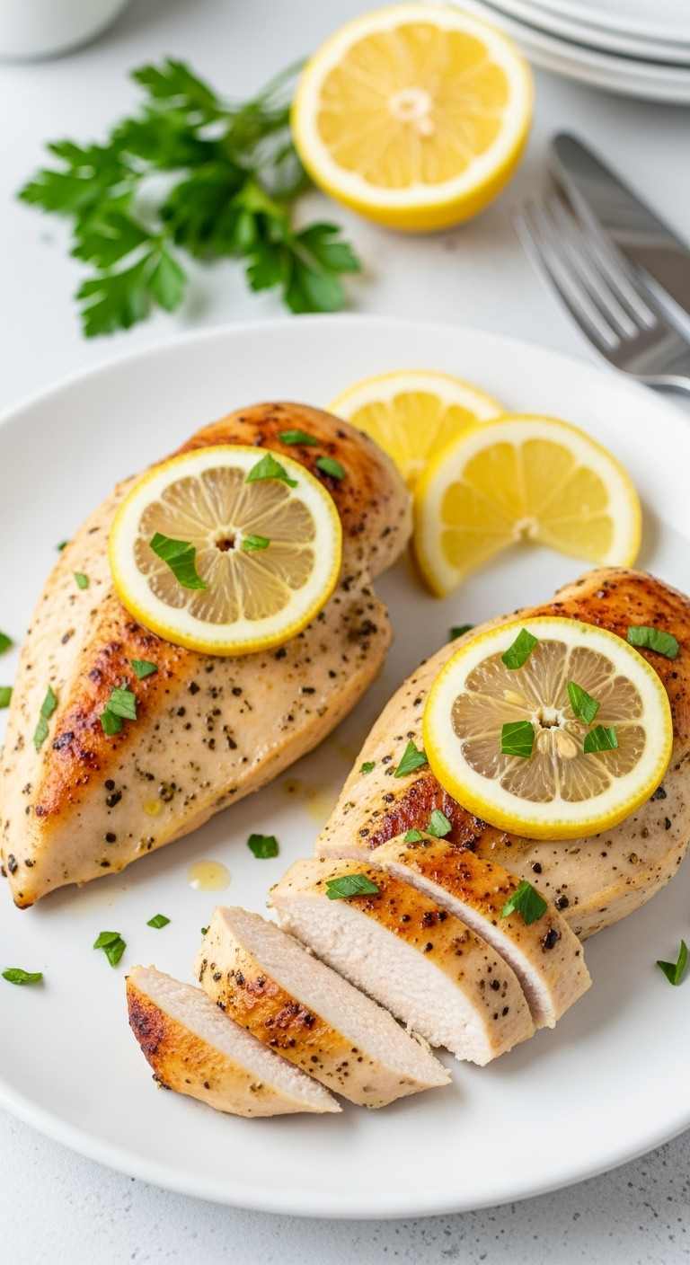 Simple Lemon Herb Chicken with fresh parsley and lemon slices, served on a white plate with one breast sliced to reveal the juicy interior, captured in bright, rustic lighting.