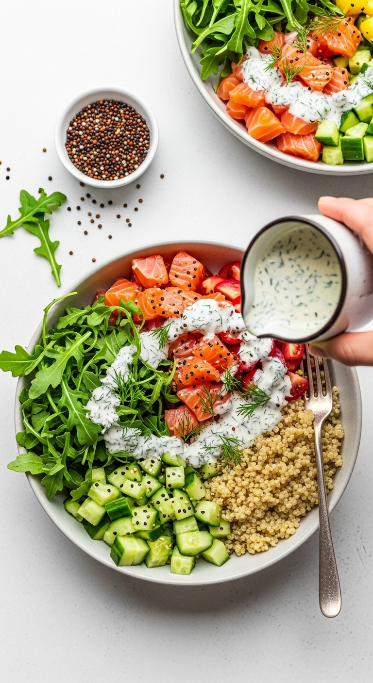 Salmon Quinoa Bowl with arugula, cucumber, and creamy dill dressing, captured in a top-down shot with the dressing being drizzled from a pitcher, in fresh, vibrant lighting.