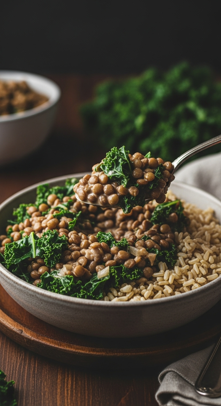 Creamy Lentils with Kale served over brown rice, with a spoonful being lifted to reveal the rich texture, captured in warm, cozy lighting on a rustic wooden surface.