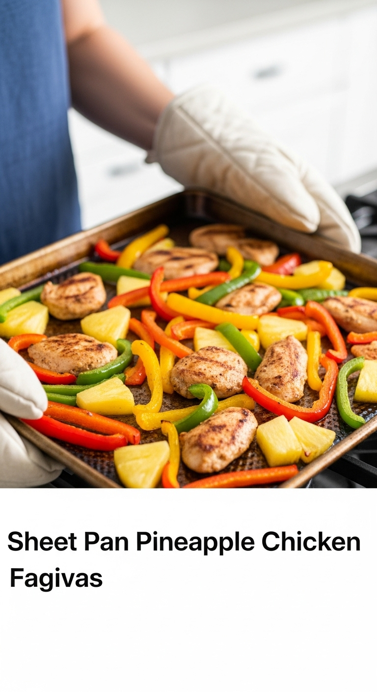 Sheet-Pan Pineapple Chicken Fajitas with caramelized peppers, pineapple, and browned chicken, being pulled from the oven by hands in oven mitts, captured in vibrant, direct lighting.