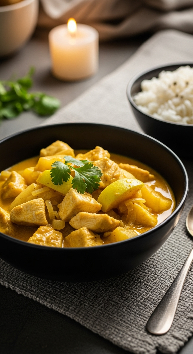Apple Chicken Curry with chunks of chicken, green apple, and fresh cilantro, served in a dark-colored bowl next to a small bowl of rice, captured in warm, cozy lighting.