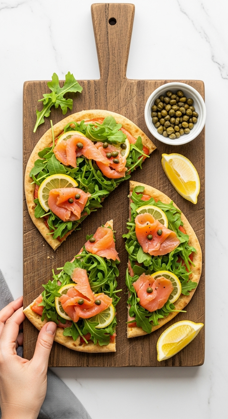 Smoked Salmon Flatbread with arugula, capers, and lemon wedges, sliced and arranged on a rustic wooden board with a hand reaching for a slice, captured in bright, fresh lighting.