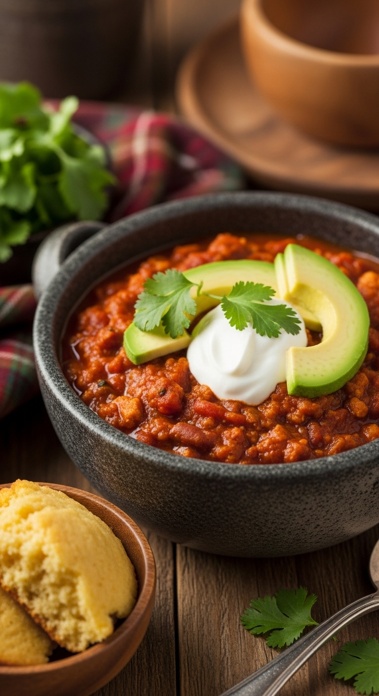 Rustic bowl of thick turkey pumpkin chili topped with Greek yogurt, sliced avocado, and fresh cilantro, served with cornbread on a wooden table with warm, inviting autumn lighting.