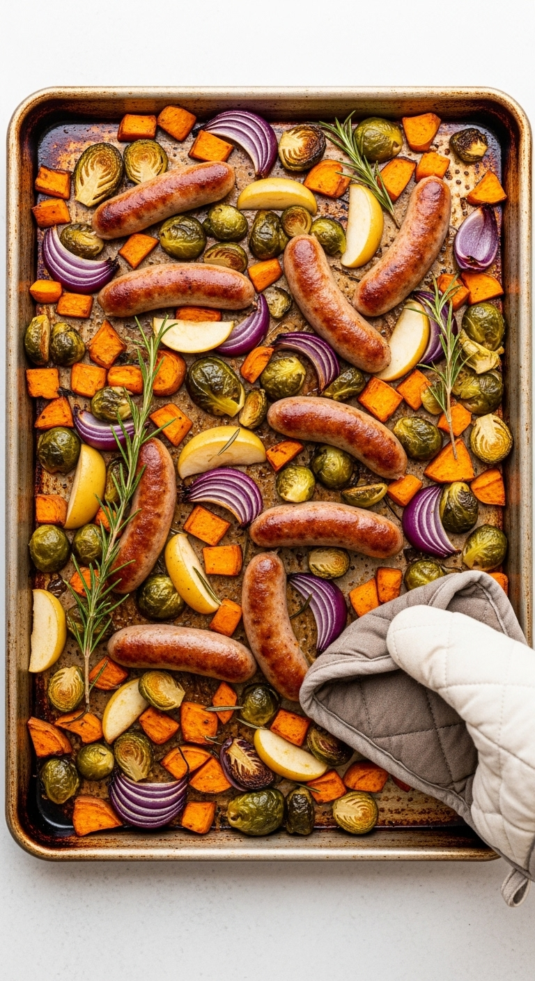 Overhead shot of a rustic sheet pan with roasted sausage, sweet potatoes, Brussels sprouts, red onion, and apple chunks, sprinkled with rosemary, lifted by an oven-mitted hand under bright, natural light showcasing vibrant autumn colors.