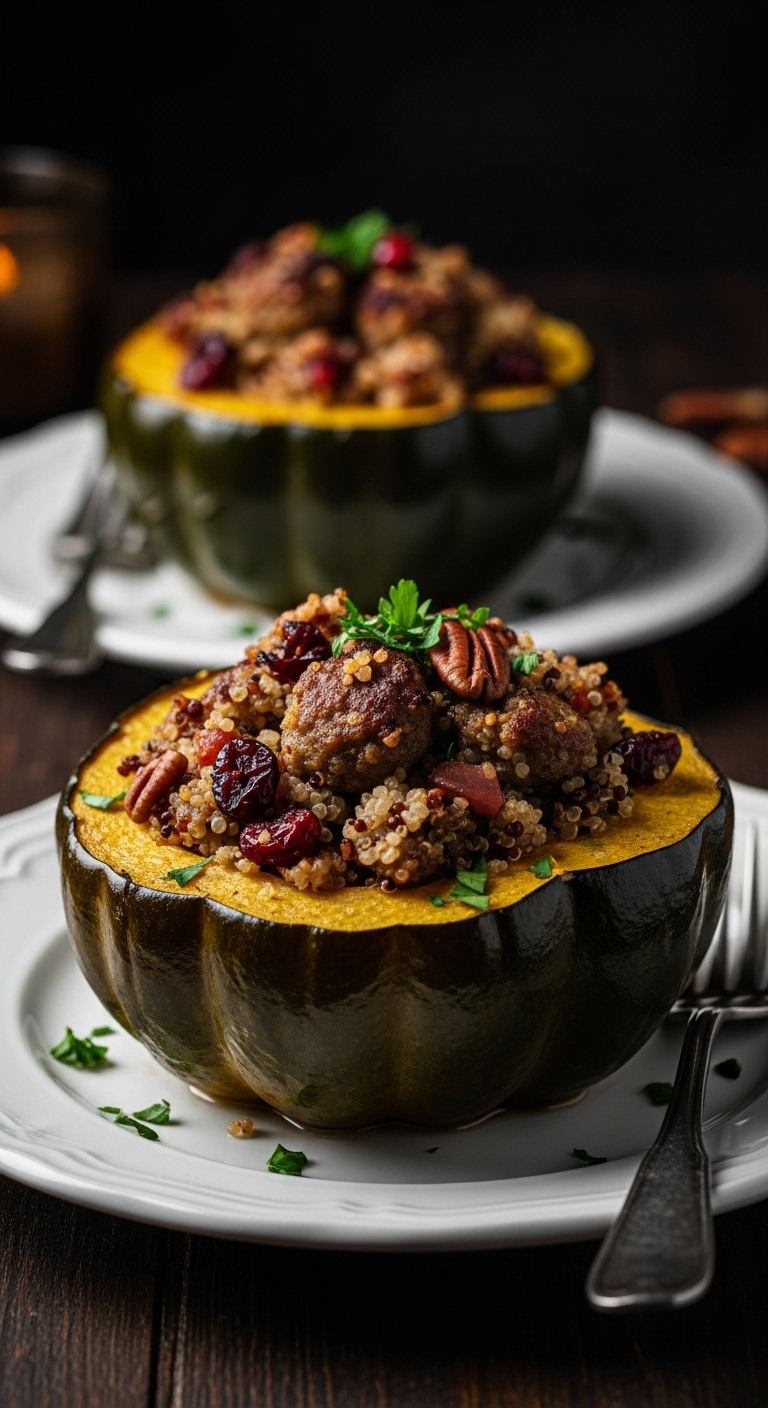 Roasted acorn squash halves stuffed with sausage, quinoa, cranberries, and pecans, garnished with fresh parsley on a white plate against a dark rustic wooden table under warm, dramatic Thanksgiving-style lighting.