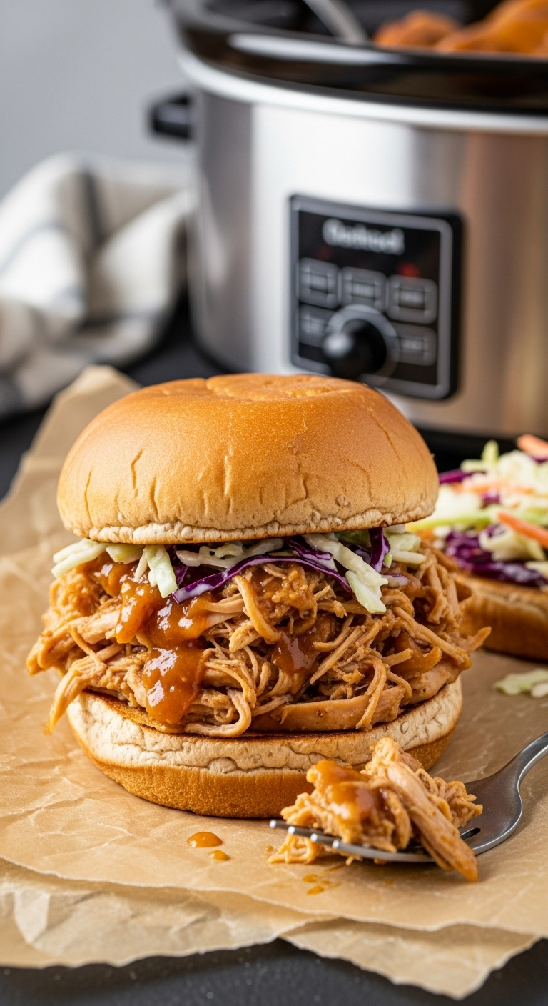Pulled chicken sandwich with slow cooker apple butter sauce on a toasted whole wheat bun, served with coleslaw and rustic parchment paper, captured in warm, cozy ambient light evoking a family dinner atmosphere.