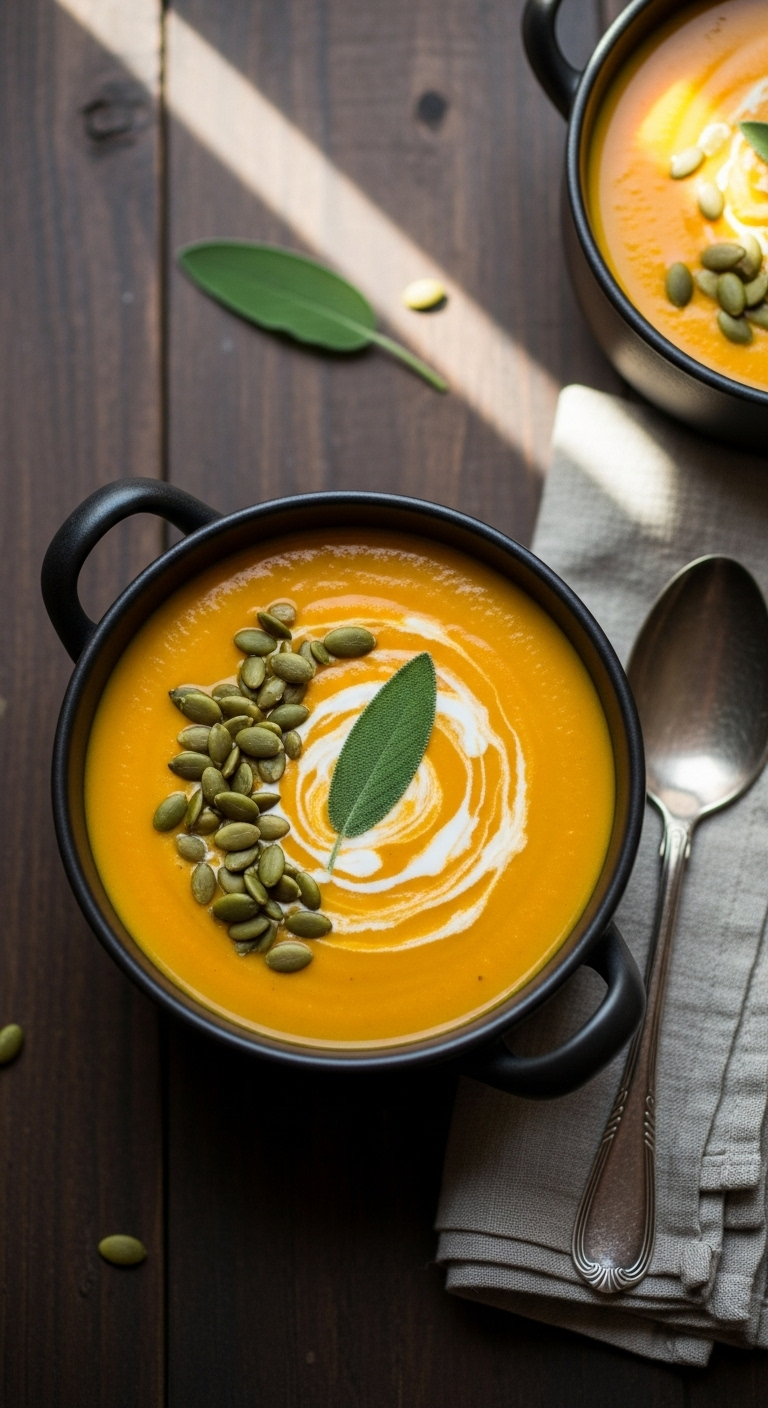Dark ceramic bowl of creamy butternut squash soup with coconut cream swirl, toasted pumpkin seeds, and fresh sage leaf, styled with rustic linen and antique spoon on a dark wood background in warm, cozy natural light.