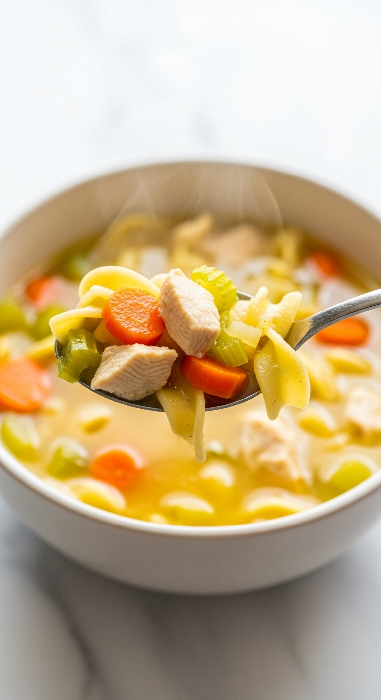 Spoonful of healthy chicken noodle soup with broth, noodles, chicken, carrots, and celery lifted from a steaming bowl on a clean marble countertop in bright, comforting daylight.