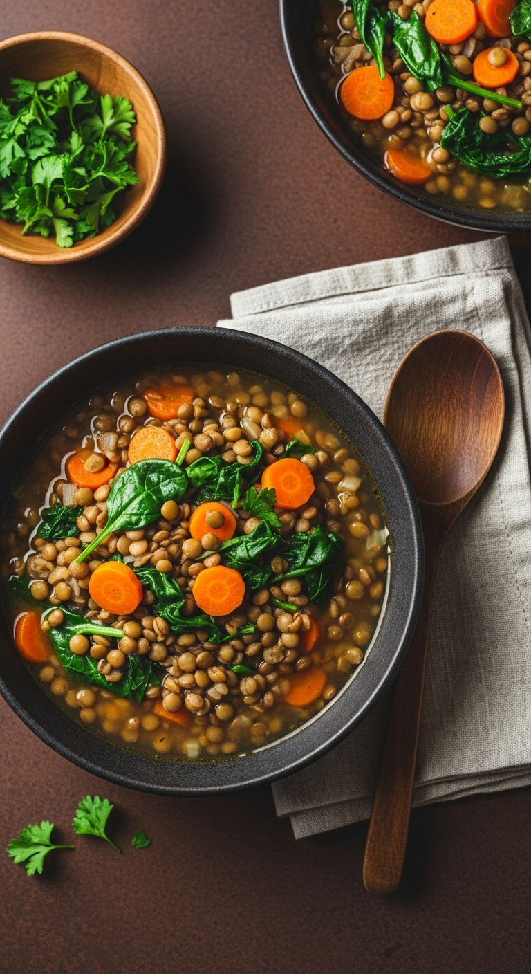 Top-down view of hearty lentil and vegetable soup in a rustic dark bowl with visible lentils, carrots, and spinach, accompanied by a wooden spoon on a linen napkin and fresh parsley on the side, bathed in warm, earthy lighting.