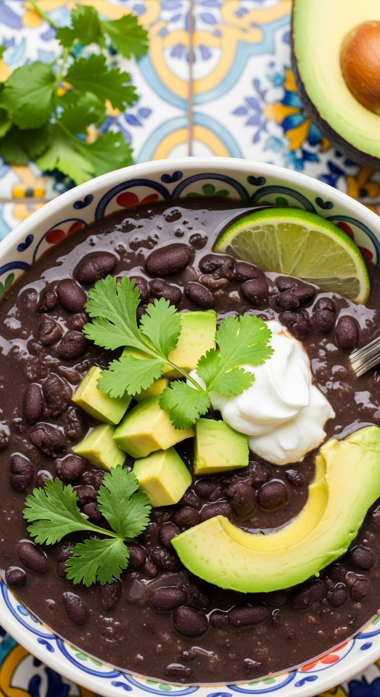 Colorful bowl of zesty black bean soup topped with sliced avocado, Greek yogurt, fresh cilantro, and a lime wedge, set against a vibrant tile background in bright, appetizing light.