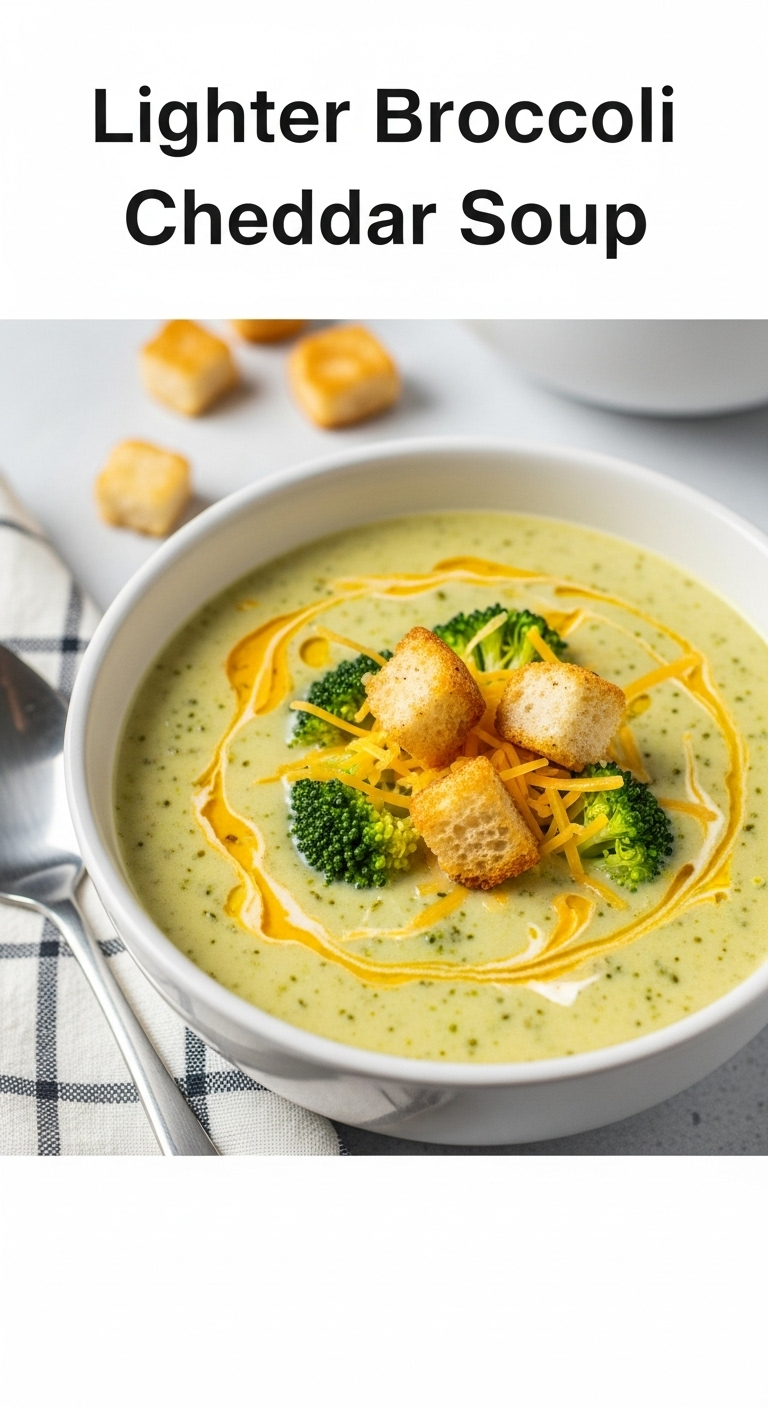 Ceramic bowl of creamy lighter broccoli cheddar soup with tender broccoli florets, shredded cheddar garnish, and homemade croutons, set beside a checkered napkin in bright, soft, comforting light.