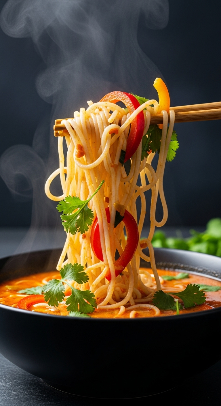 Chopsticks lifting rice noodles and vegetables from vibrant orange-red Thai curry noodle soup in a dark bowl with steam rising, set against a moody background highlighting colorful bell peppers and fresh cilantro.
