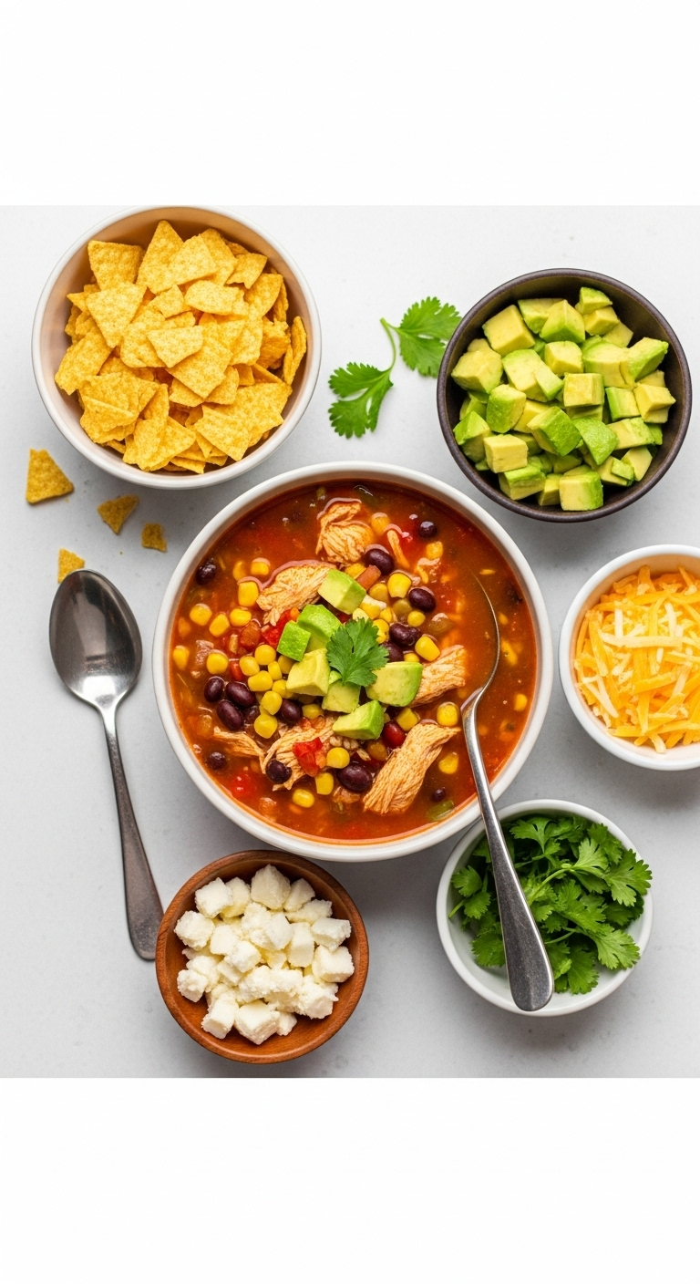 Bright, festive 15-minute chicken tortilla soup bowl surrounded by smaller bowls of crushed tortilla chips, diced avocado, shredded cheese, and fresh cilantro, showcasing vibrant colors of reddish-orange broth, yellow corn, black beans, and green avocado.